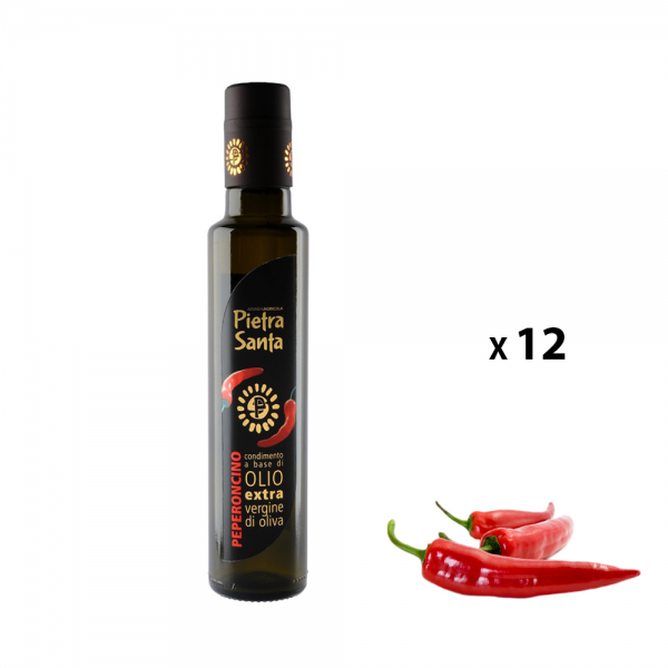 Box mit 12 Flaschen Würze aus nativen Olivenöl extra und Chili (jede 0,25 Liter)