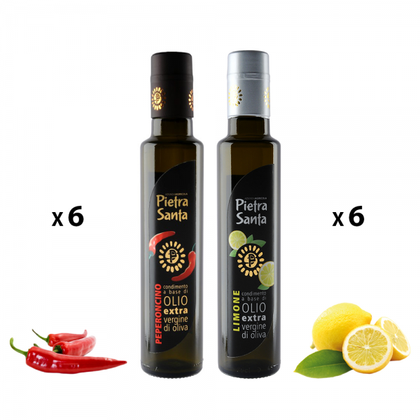 Confezione da 12 bottiglie Olio extravergine di oliva e condimenti al limone e peperoncino da 0,25 Litri